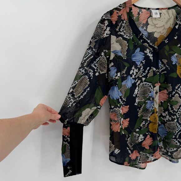 Cabi Snake Charmer Floral Sheer Blouse Long Puff Sleeves Navy Women Small 3762 - Picture 3 of 10